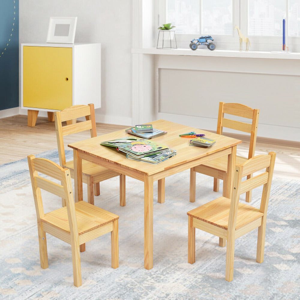 5 pcs Kids Pine Wood Table Chair Set-Natural - Gallery View 1 of 12