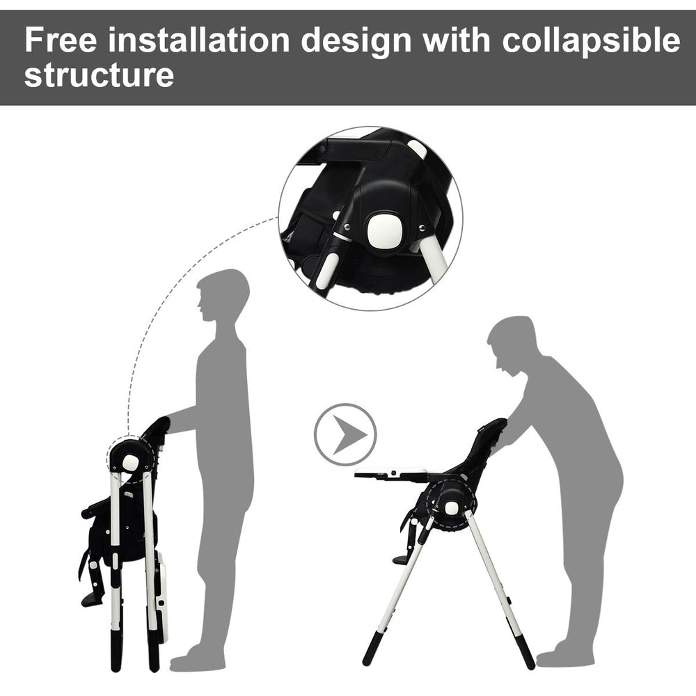 Foldable high chair in black with adjustable backrest, featuring a collapsible design for easy storage and mobility.