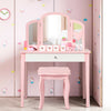 Kids pink makeup dressing table with tri-folding mirror and chair, perfect for bedrooms and playrooms.