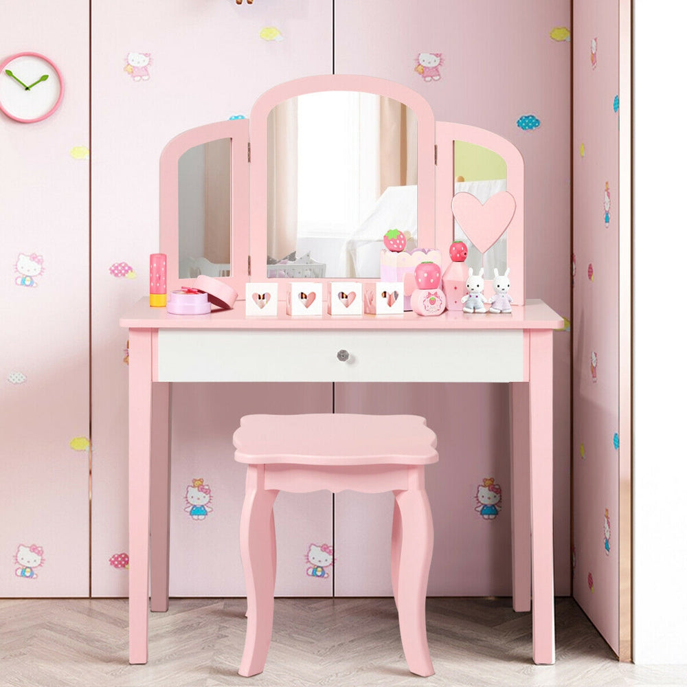 Kids pink makeup dressing table with tri-folding mirror and chair, perfect for bedrooms and playrooms.
