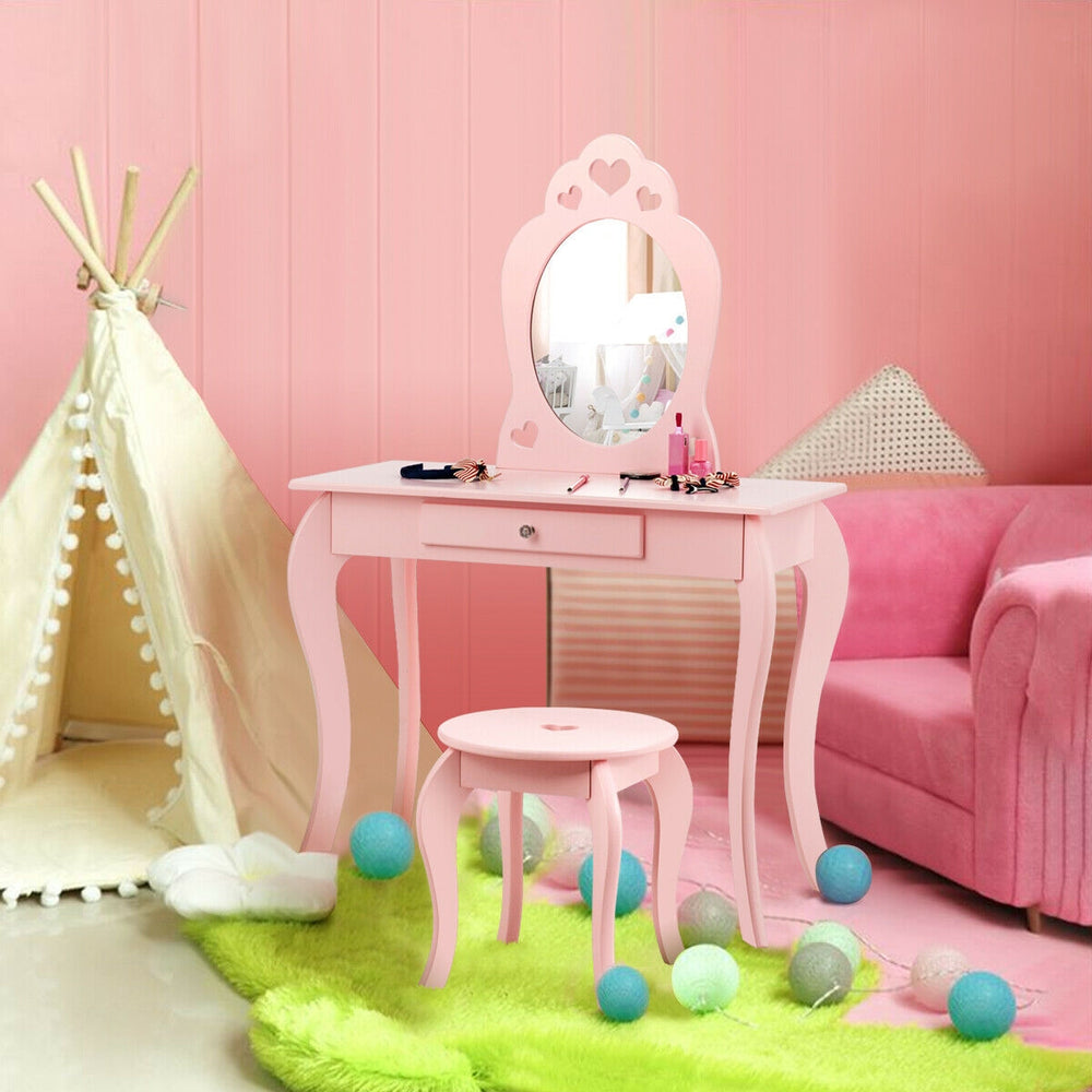 Kids Princess Makeup Dressing Play Table Set with Mirror -Pink - Gallery View 1 of 12