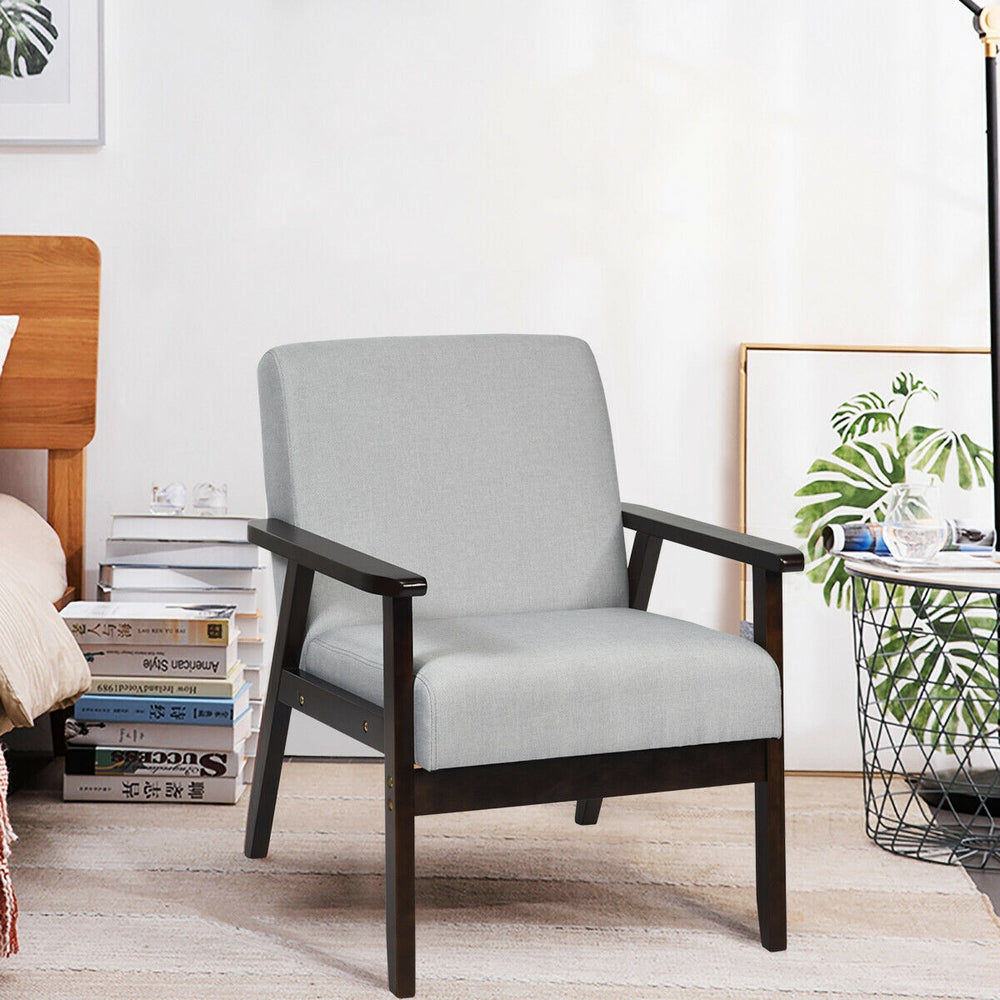 Solid Rubber Wood Fabric Accent Armchair-Light Gray - Gallery View 1 of 11