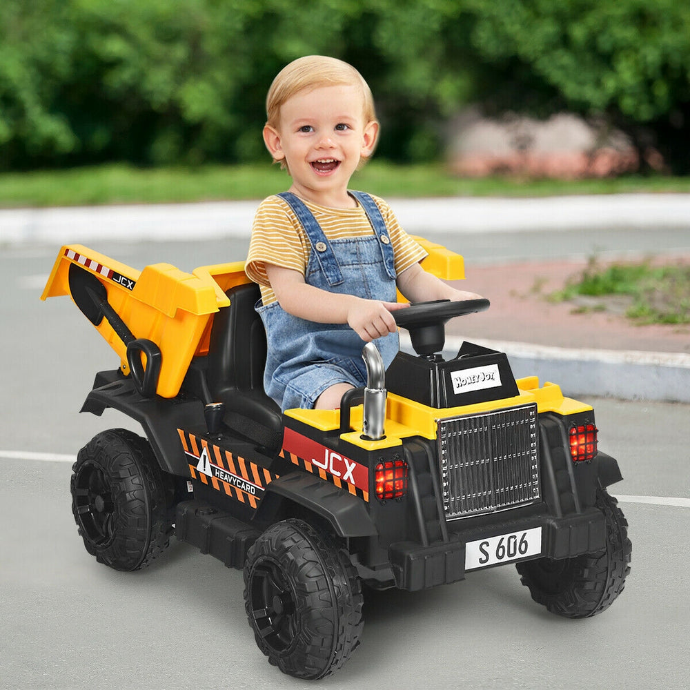 Kids ride-on dump truck in yellow with electric bucket, remote control, and safety features for outdoor fun.