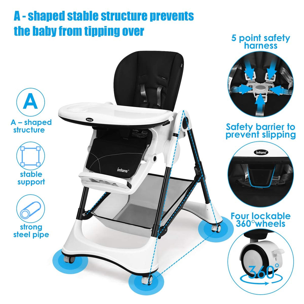 A-Shaped high chair in black with 5-point safety harness and 4 lockable wheels for secure and easy mobility.