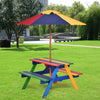 Colorful kids picnic table with two benches and umbrella, made of eco-friendly fir wood, ideal for outdoor fun and.