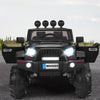 Front view of the 12V kids ride-on truck in black, featuring LED lights, remote control, and double magnetic doors.