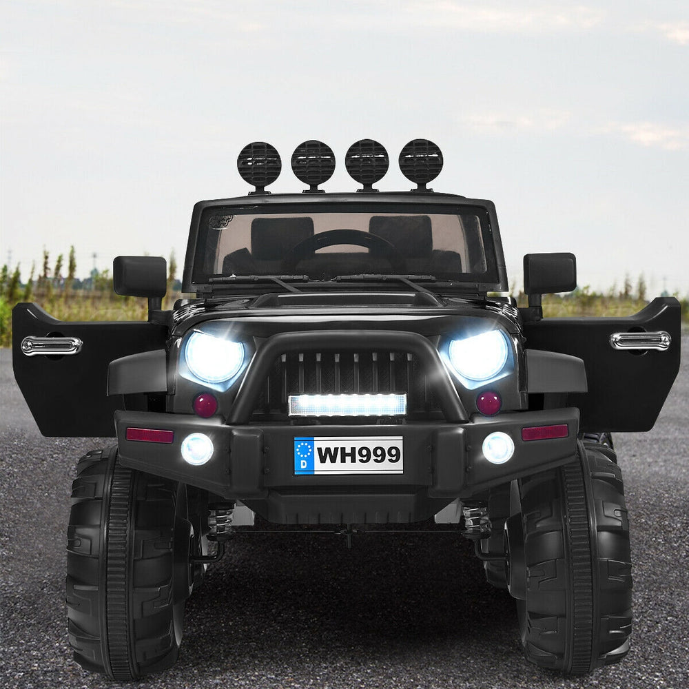 Front view of the 12V kids ride-on truck in black, featuring LED lights, remote control, and double magnetic doors.
