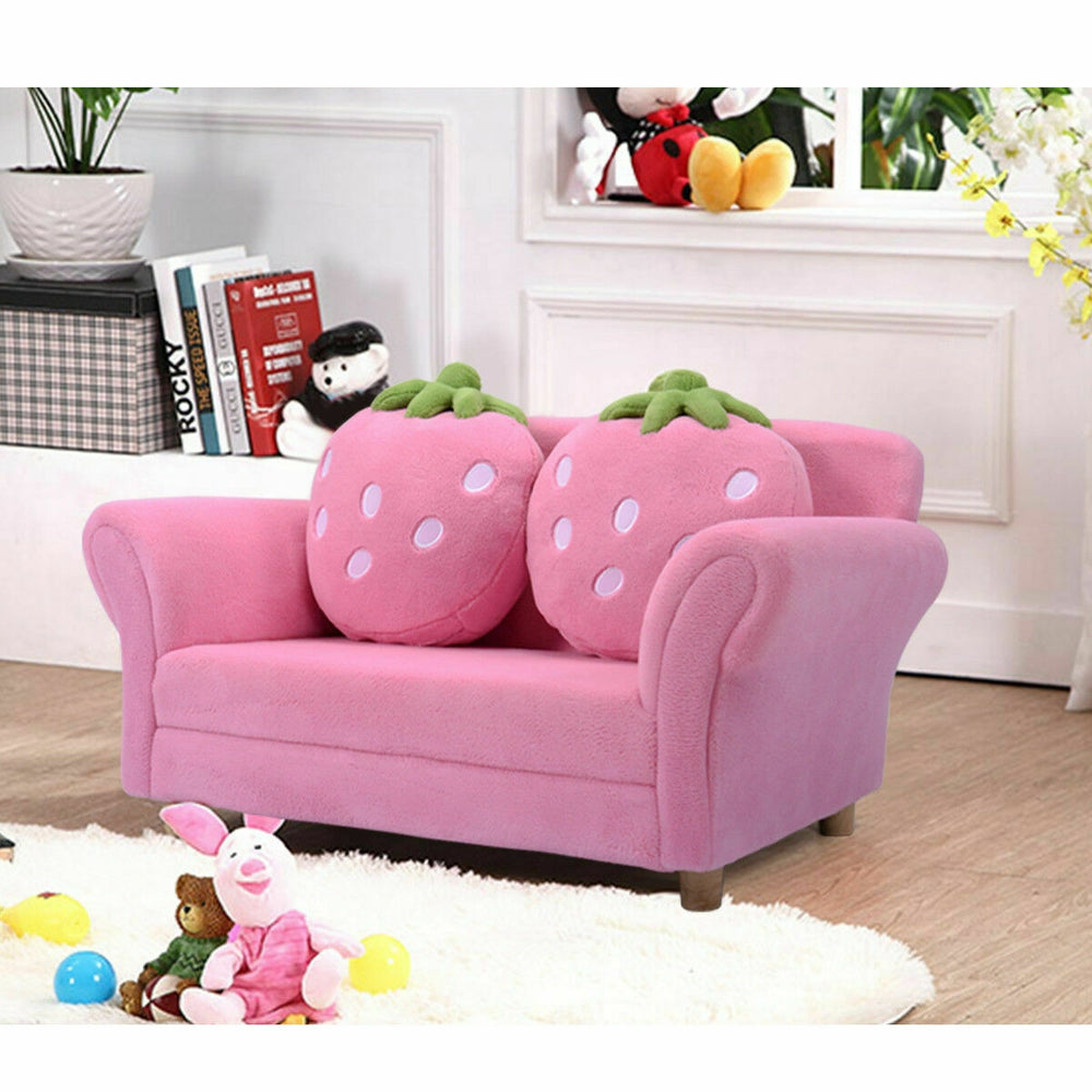 Kids strawberry armrest chair sofa in pink featuring storage arms and soft coral fleece, ideal for children's.