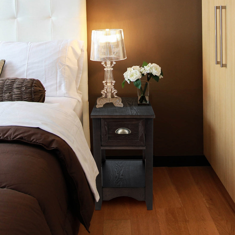 2 Pieces Retro Narrow Tiered End Table with Drawer and Storing Shelf-Brown - Gallery View 1 of 9