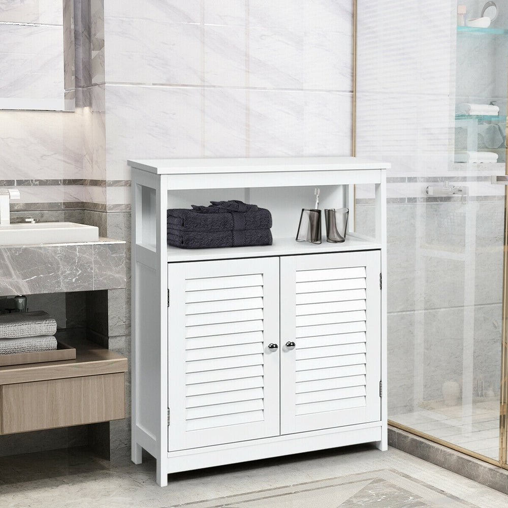 White freestanding bathroom storage cabinet with a sturdy design, featuring double shutter doors and a convenient open.