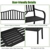 Close-up of the ergonomic backrest and armrest of a patio garden bench with a steel frame and foldable table for.