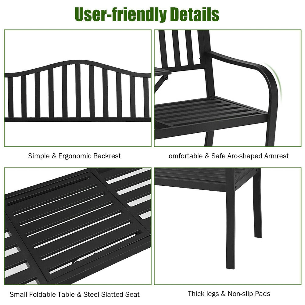Close-up of the ergonomic backrest and armrest of a patio garden bench with a steel frame and foldable table for.