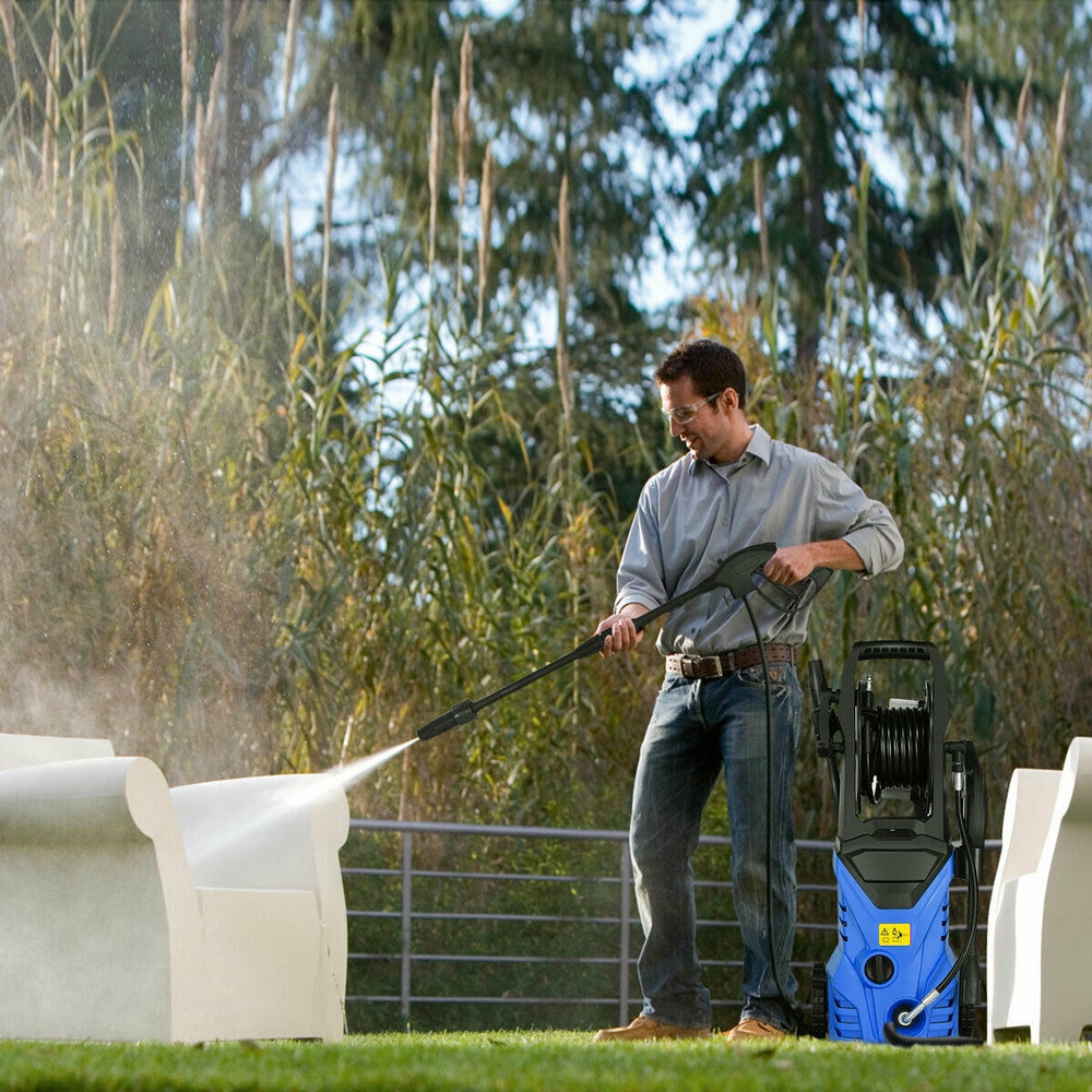 Electric pressure washer in blue, 1800W, 2030 PSI, cleaning outdoor furniture with adjustable spray wand. Ideal for.