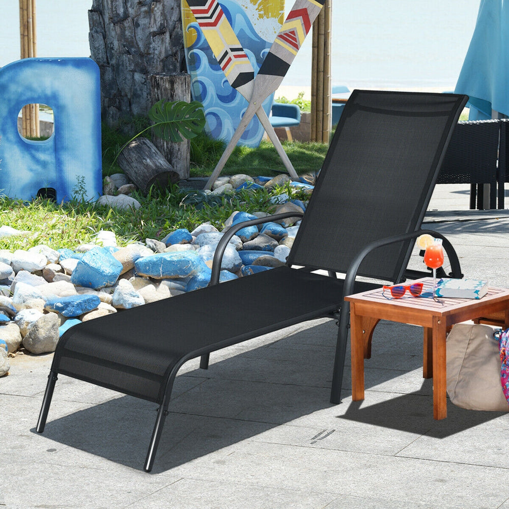 Adjustable black patio chaise lounge chair with five backrest positions, perfect for poolside relaxation.