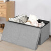 Light gray folding storage ottoman with lift top, spacious interior for blankets and toys, made of sturdy MDF.