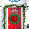 48-inch pre-lit artificial Christmas wreath with 200 LED lights, lush green design, perfect for front door decoration.