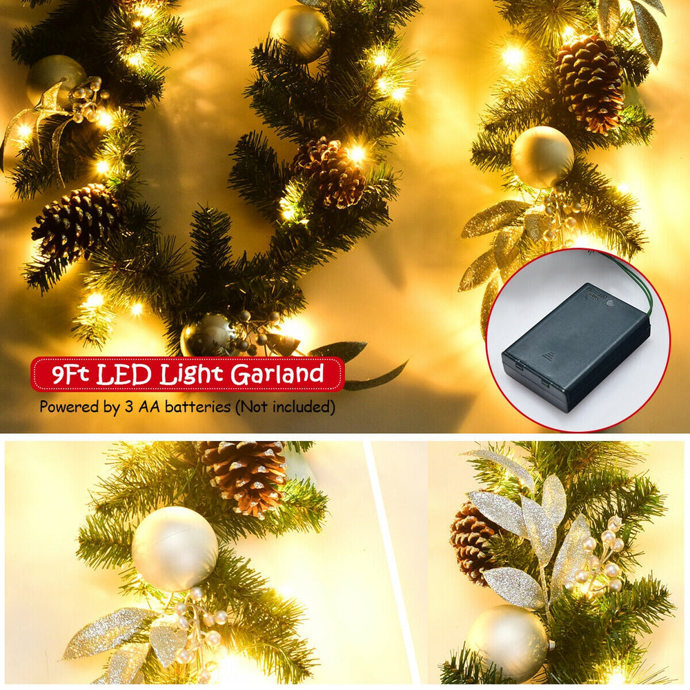 9ft pre-lit artificial Christmas garland with 50 warm white LED lights, featuring pinecones and ornaments for festive.
