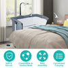 Height adjustable baby side crib in dark gray with toy rack and music box, perfect for co-sleeping and nighttime care.