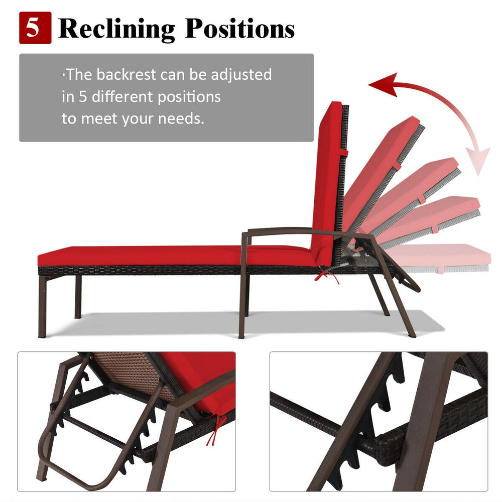 Red cushioned patio rattan lounge chaise recliner with 5 adjustable backrest positions for outdoor comfort.