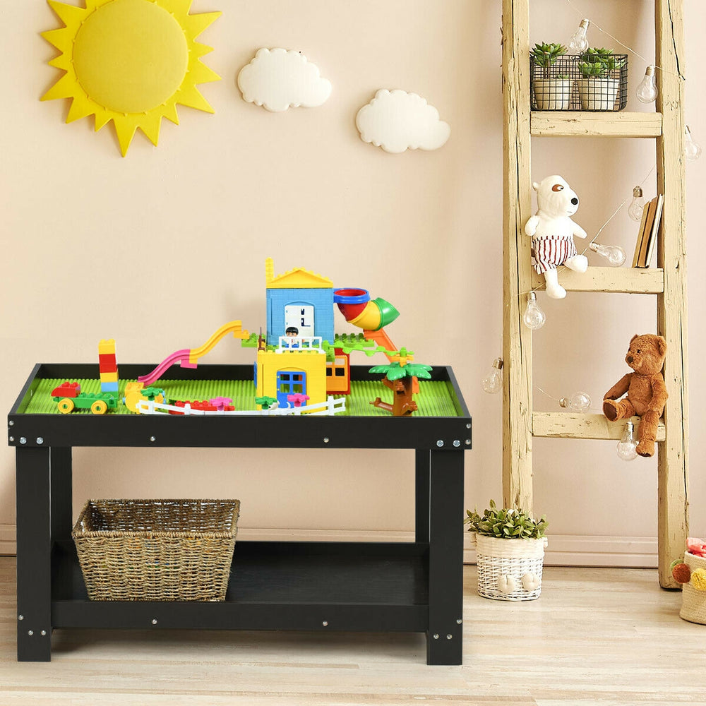 Dark brown multifunctional wood kids activity play table with storage, ideal for learning and play.