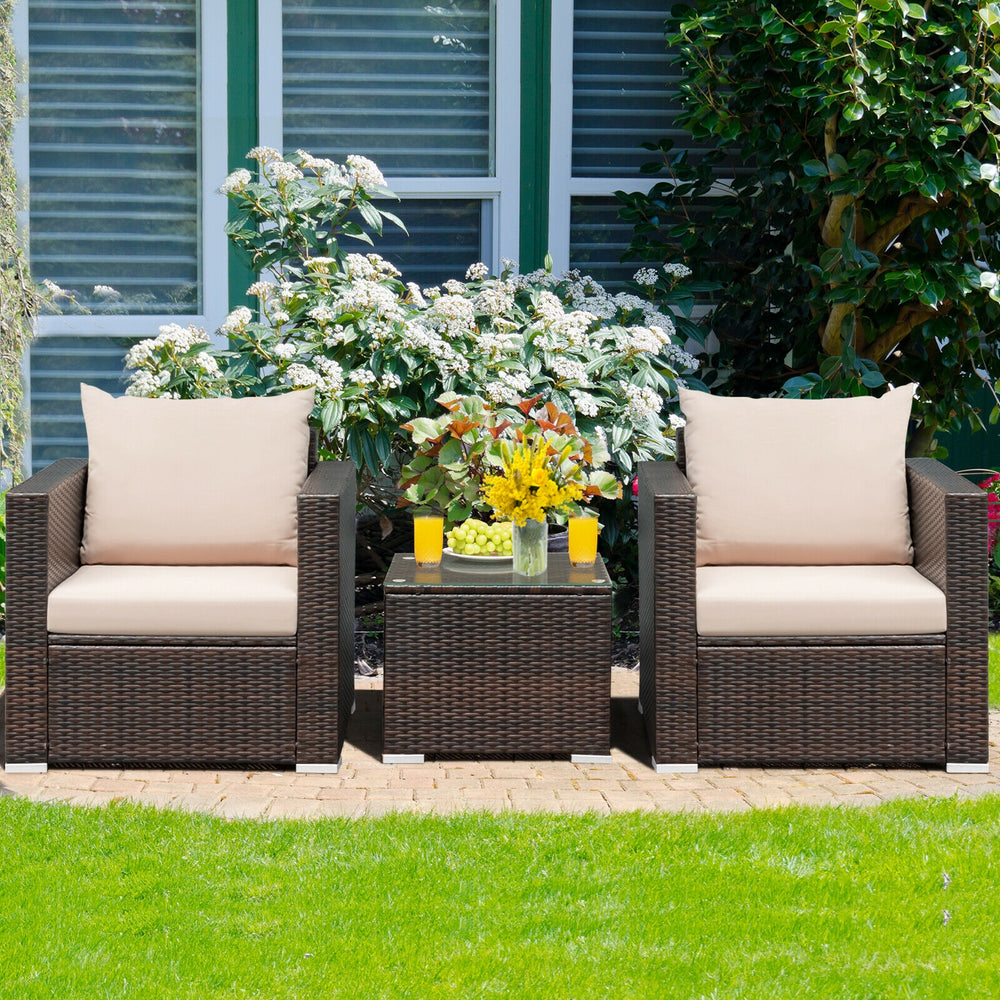 3 Pcs Patio Conversation Rattan Furniture Set with Cushion-Beige - Gallery View 1 of 12