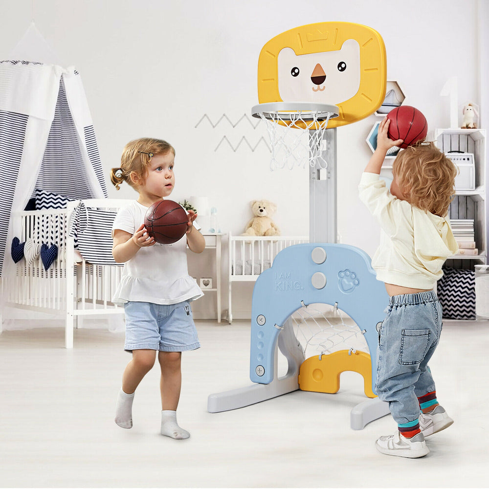 Adjustable kids basketball hoop set in yellow, featuring 5 height settings for ages 2-7, perfect for indoor and outdoor.