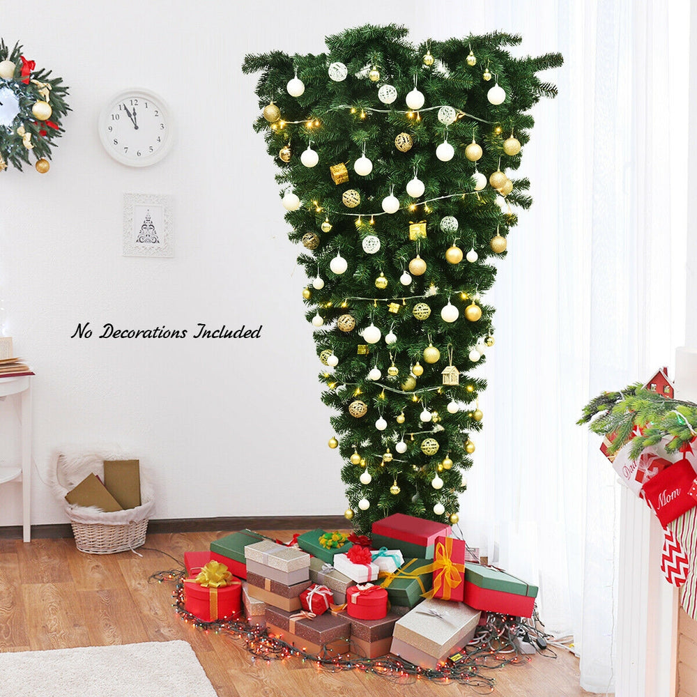Upside down 7-foot artificial Christmas tree with 1000 green branch tips, perfect for saving floor space and creative.