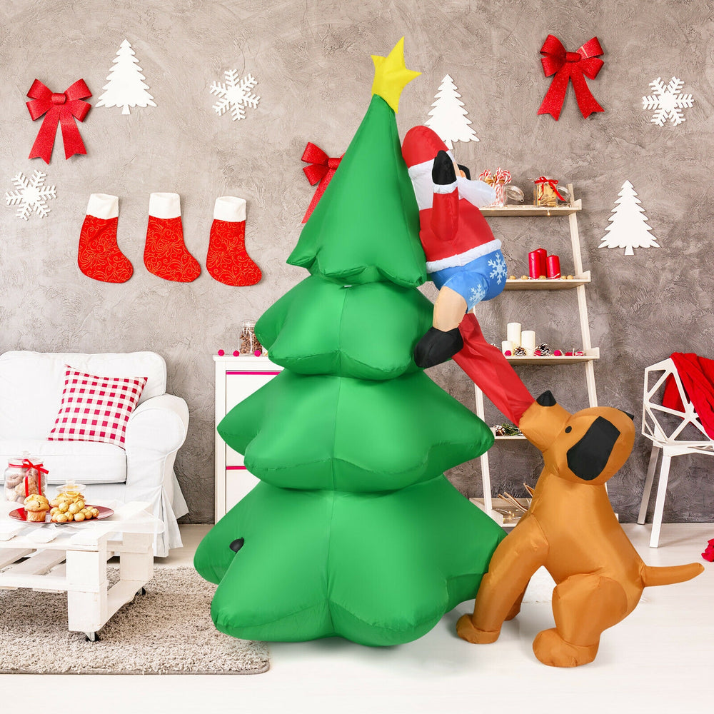 Inflatable 6.5 feet Christmas tree with Santa and dog, featuring LED lights for festive indoor and outdoor decor.