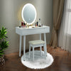 White touch screen vanity makeup table set with lighted elliptical mirror, two drawers, and cushioned stool for stylish.