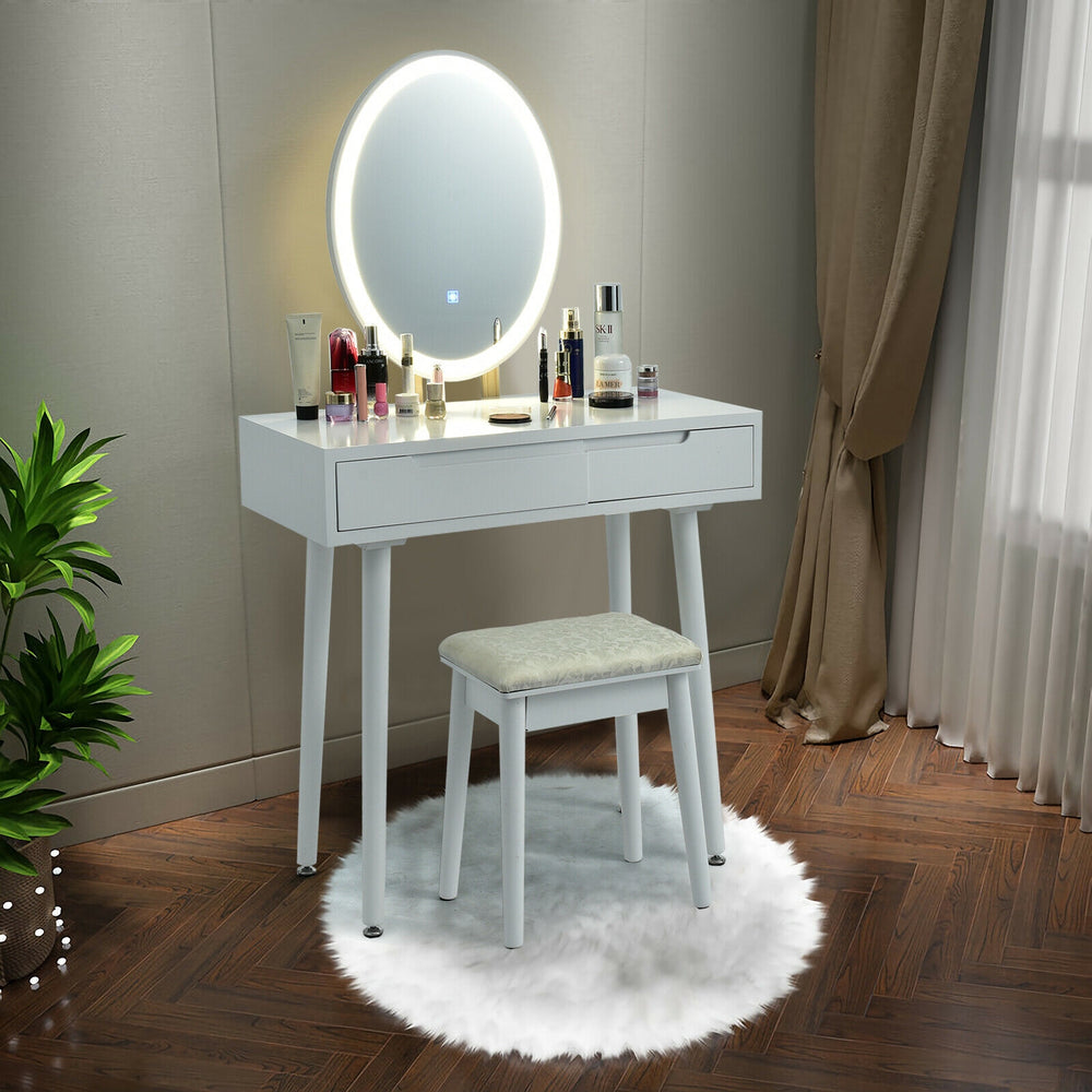 White touch screen vanity makeup table set with lighted elliptical mirror, two drawers, and cushioned stool for stylish.