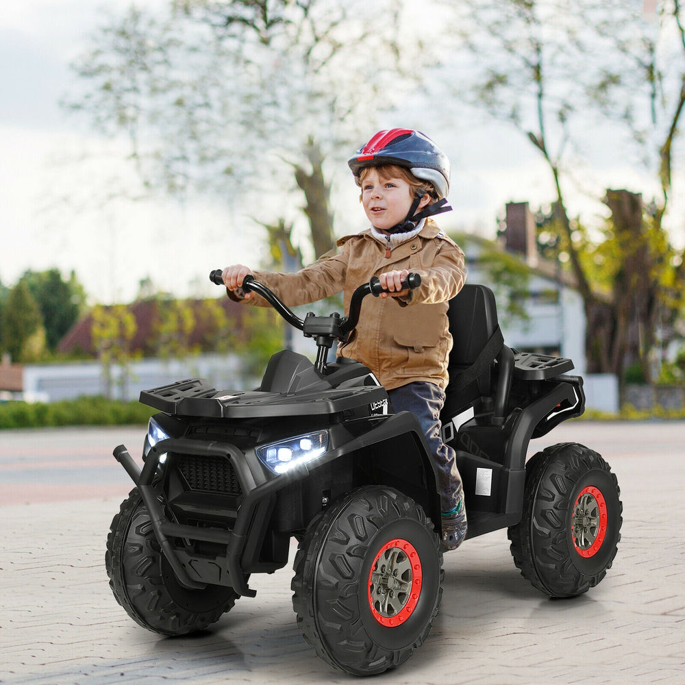 Kids electric 4-wheeler ATV in black with LED lights, MP3, and safety belt for fun outdoor driving adventures.