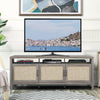 Gray universal TV stand with three cabinets and open shelf, designed for TVs up to 65 inches, ideal for storage and.