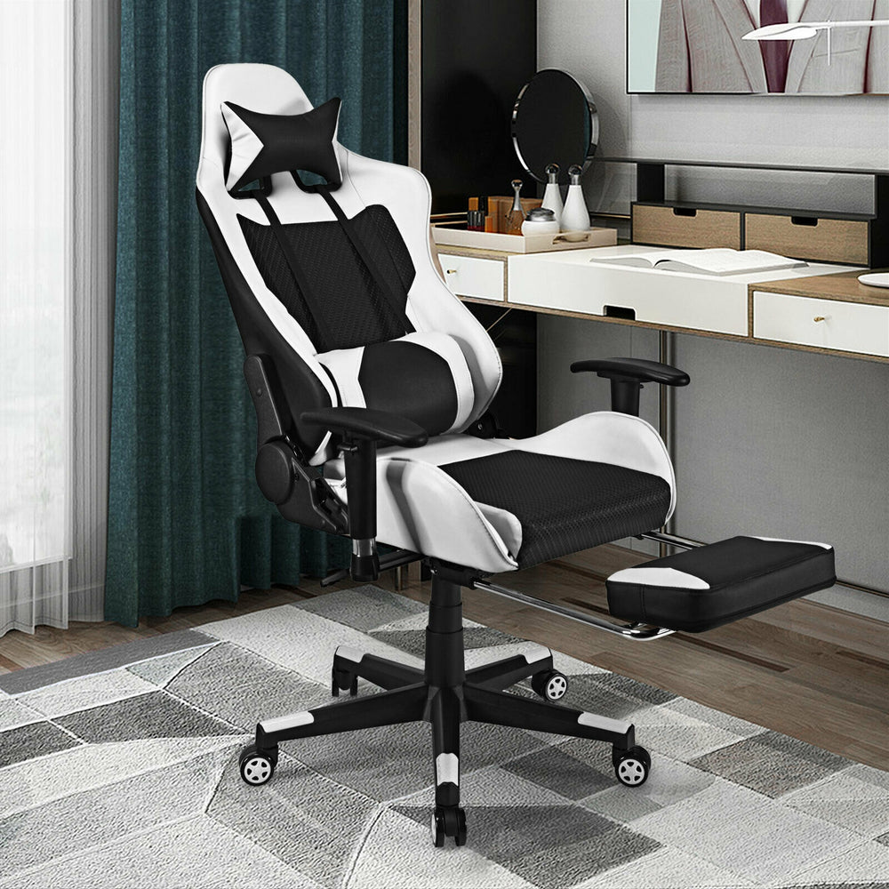 PU Leather Gaming Chair with USB Massage and Lumbar Pillow Footrest-White - Gallery View 1 of 10