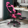Gaming chair in pink and black with adjustable footrest, USB massage lumbar pillow, and ergonomic design for comfort.