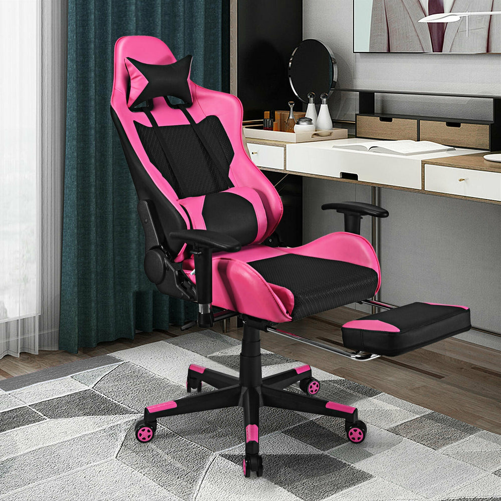Gaming chair in pink and black with adjustable footrest, USB massage lumbar pillow, and ergonomic design for comfort.