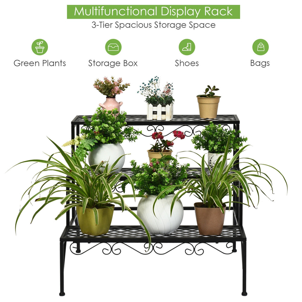 Ladder-shaped metal plant stand with decorative pattern, offering versatile storage for plants and decorative items.