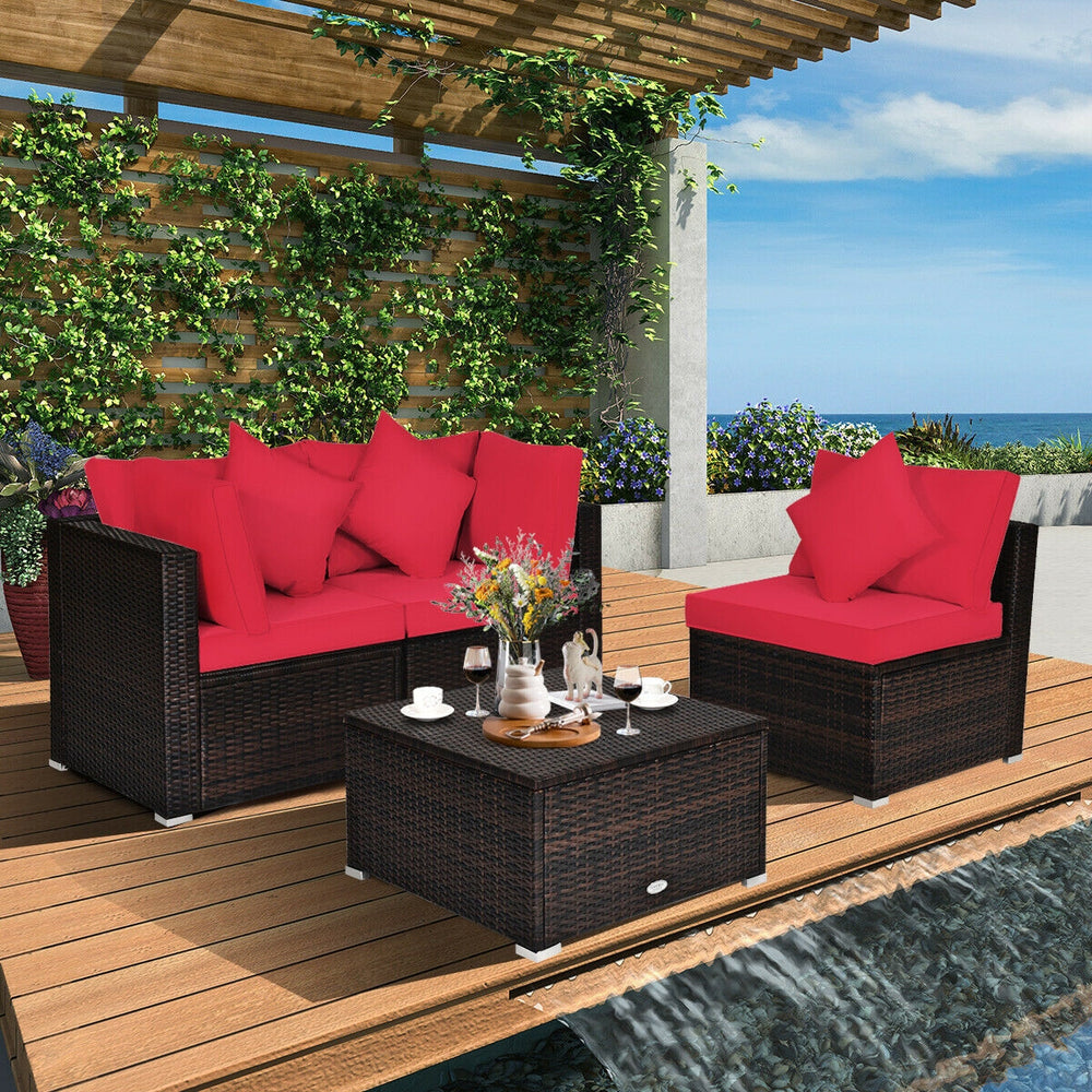 4 Pcs Ottoman Garden Deck Patio Rattan Wicker Furniture Set Cushioned Sofa-Red - Gallery View 1 of 13