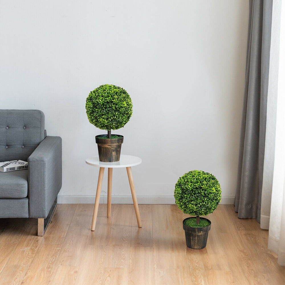 Two 24-inch artificial boxwood topiary ball trees in pots, perfect for indoor and outdoor decoration.