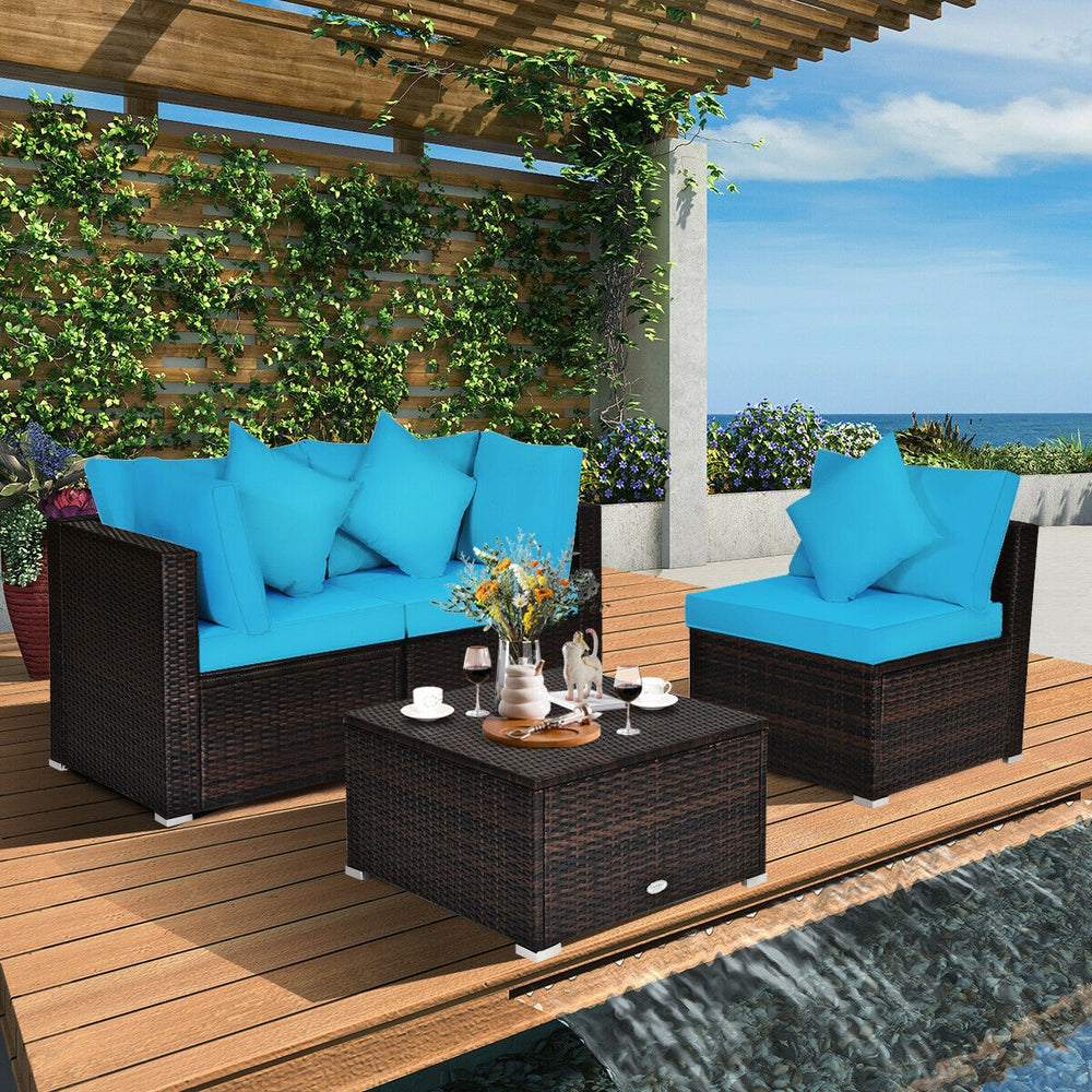 4 Pcs Ottoman Garden Deck Patio Rattan Wicker Furniture Set Cushioned Sofa-Turquoise - Gallery View 1 of 12