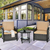 Cushioned patio rattan sofa set with a storage table, featuring a durable steel frame and ergonomic design for outdoor.