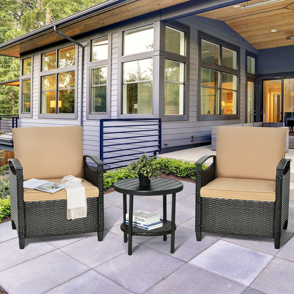 Cushioned patio rattan sofa set with a storage table, featuring a durable steel frame and ergonomic design for outdoor.