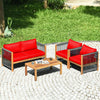 4-piece acacia wood outdoor patio furniture set with red cushions, featuring a loveseat and two chairs for stylish.