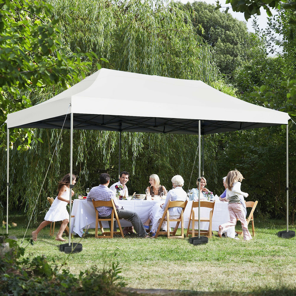 Set of 4 weather-resistant 20lbs canopy weights with no-pinch design, ideal for securing tents at outdoor events.