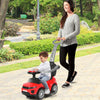 Red 3-in-1 ride-on push car for toddlers, featuring a removable parental handle and built-in music, ideal for ages.