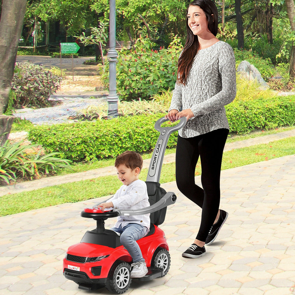 Red 3-in-1 ride-on push car for toddlers, featuring a removable parental handle and built-in music, ideal for ages.