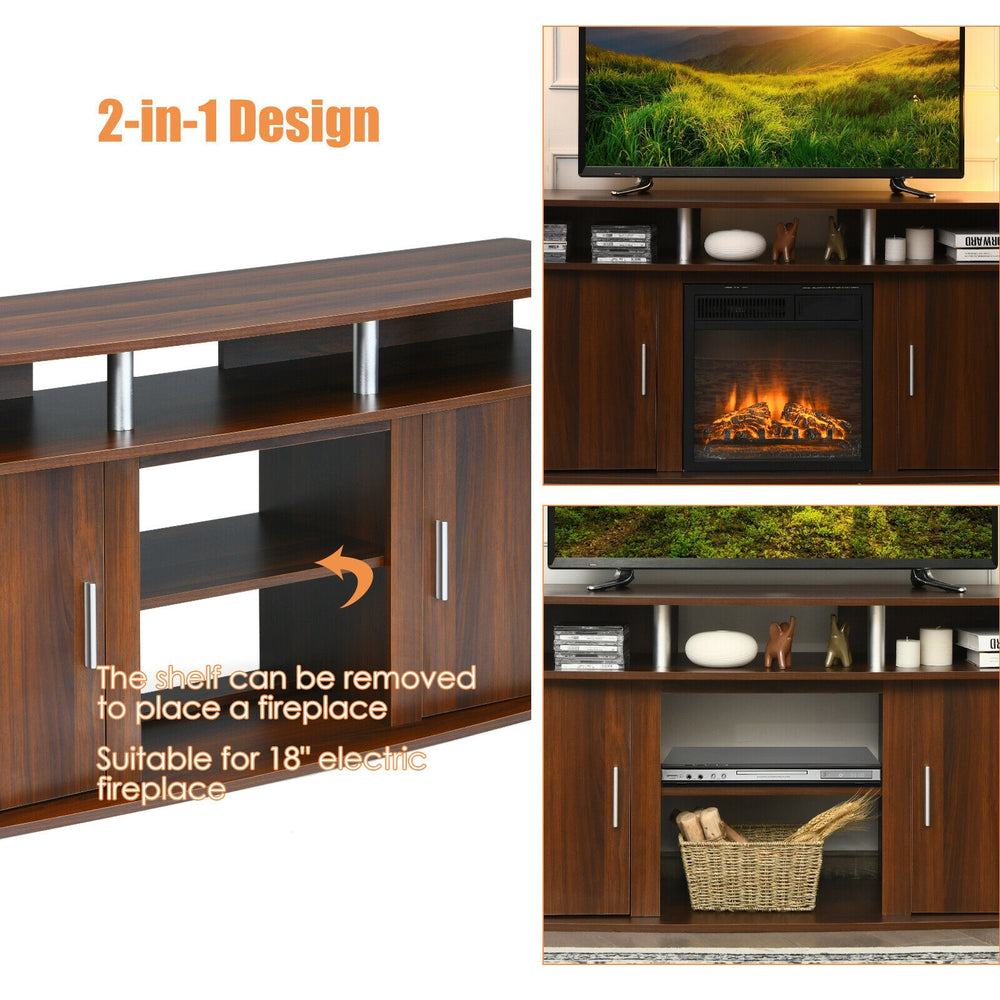 63-inch walnut TV entertainment console with 2 cabinets, removable shelf for 18" electric fireplace, and ample storage.