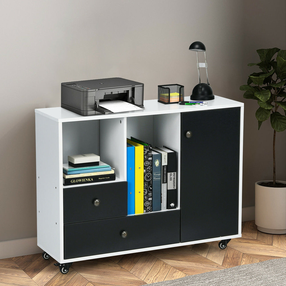 Lateral mobile filing cabinet in black with two drawers, open shelves, and wheels for easy mobility and storage.