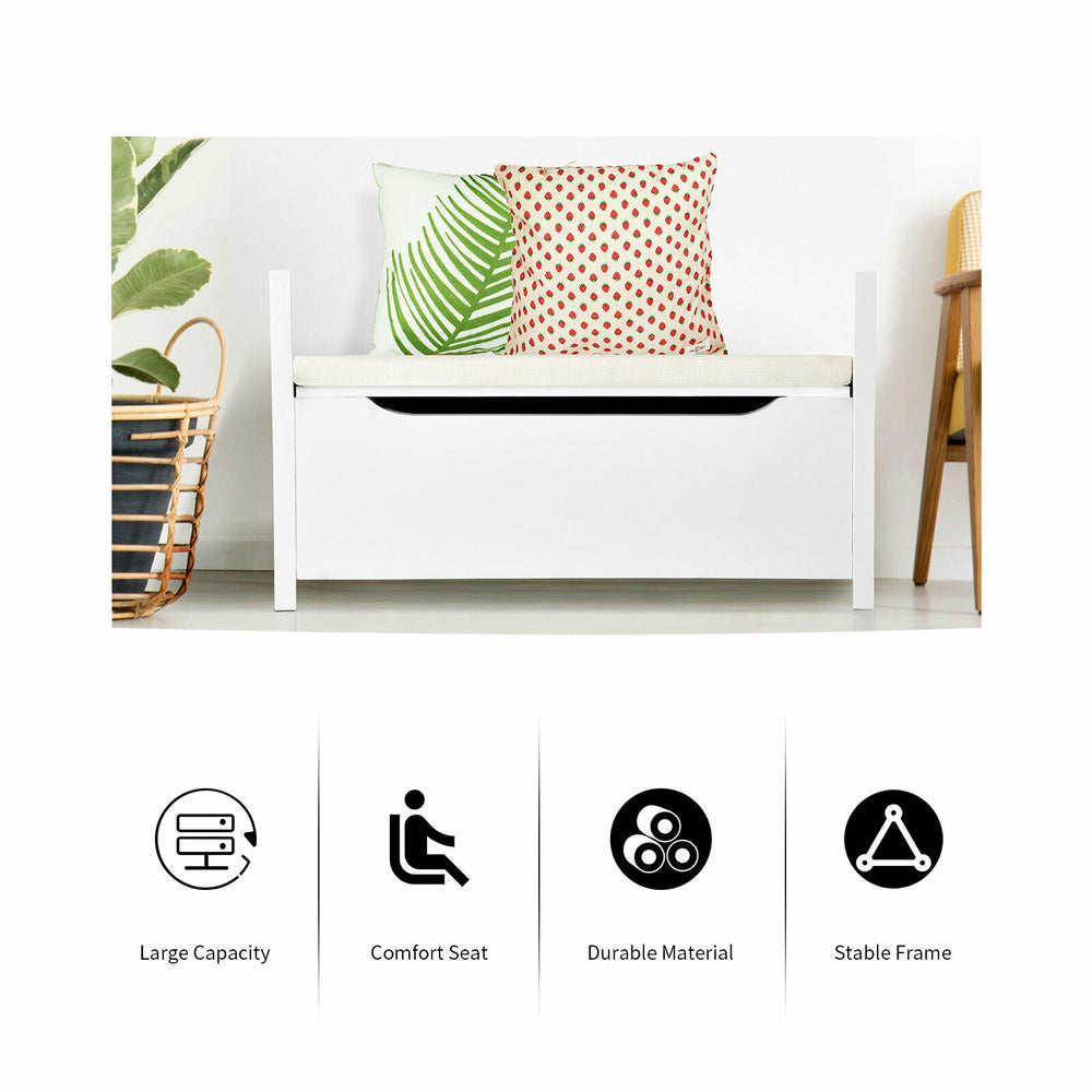 Shoe storage bench with removable cushion seat, made of durable MDF, ideal for entryway organization in white finish.