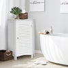 White corner storage cabinet with shutter door, adjustable shelf, perfect for maximizing small bathroom space.