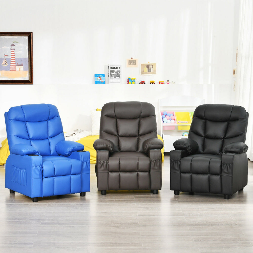 Kids recliner chair in blue with cup holder and footrest, designed for comfort and stability, perfect for home use.